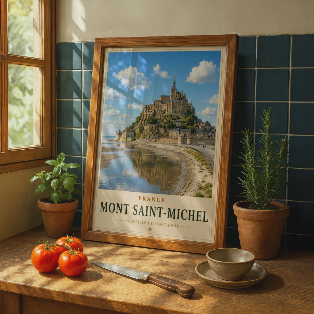 Mont Saint-Michel France Travel Poster, Normandy Abbey Wall Art, French Landmark Print