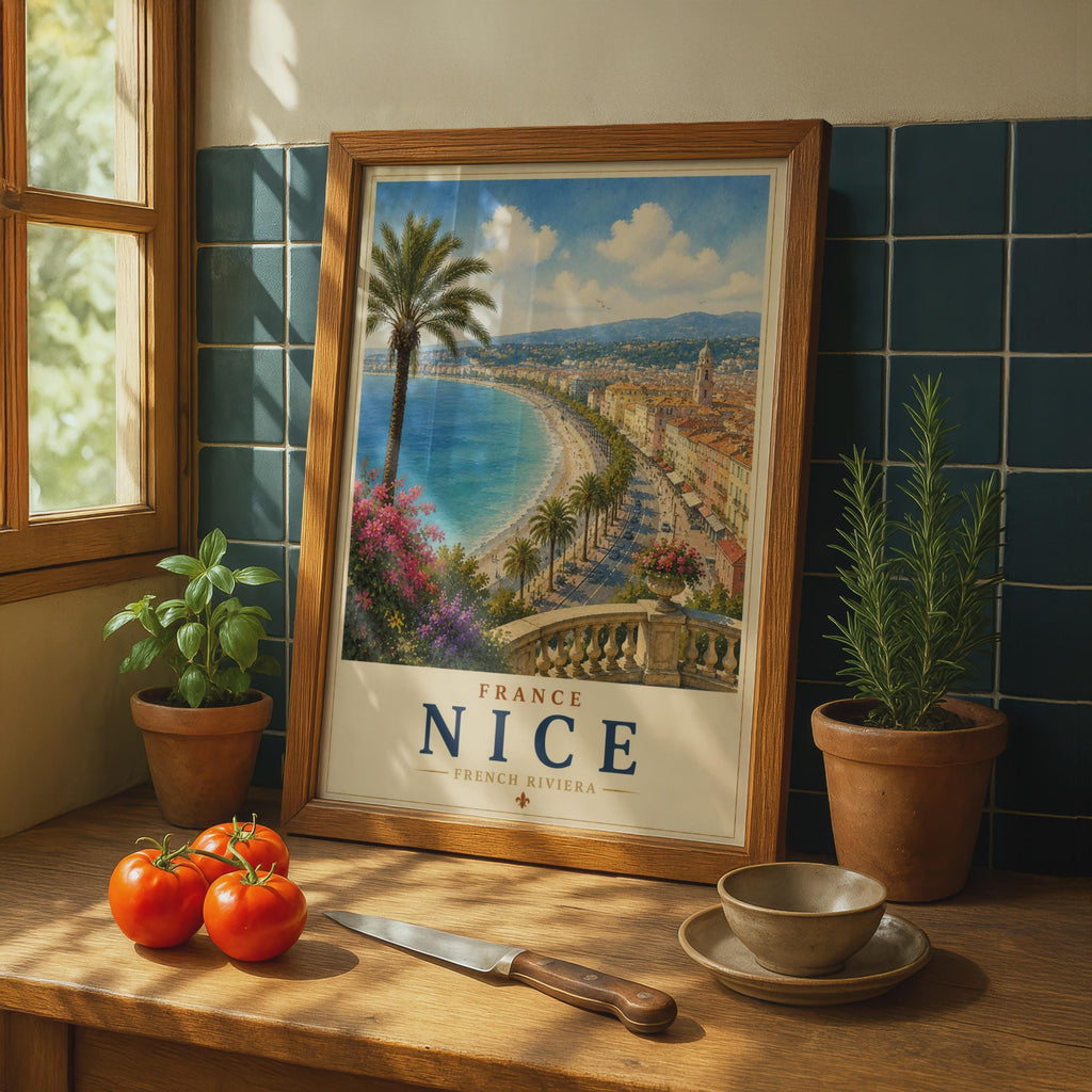 Nice France Poster, French Riviera Travel Wall Art, Promenade des Anglais, Cote d'Azur Print