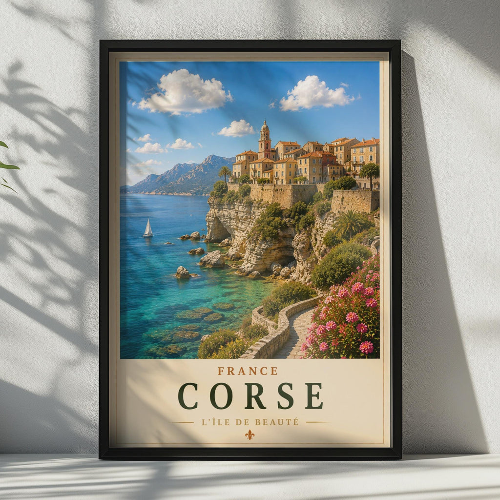 Corsica Travel Poster, France Corse Cliffside Town, Mediterranean Wall Art Print