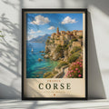 Corsica Travel Poster, France Corse Cliffside Town, Mediterranean Wall Art Print