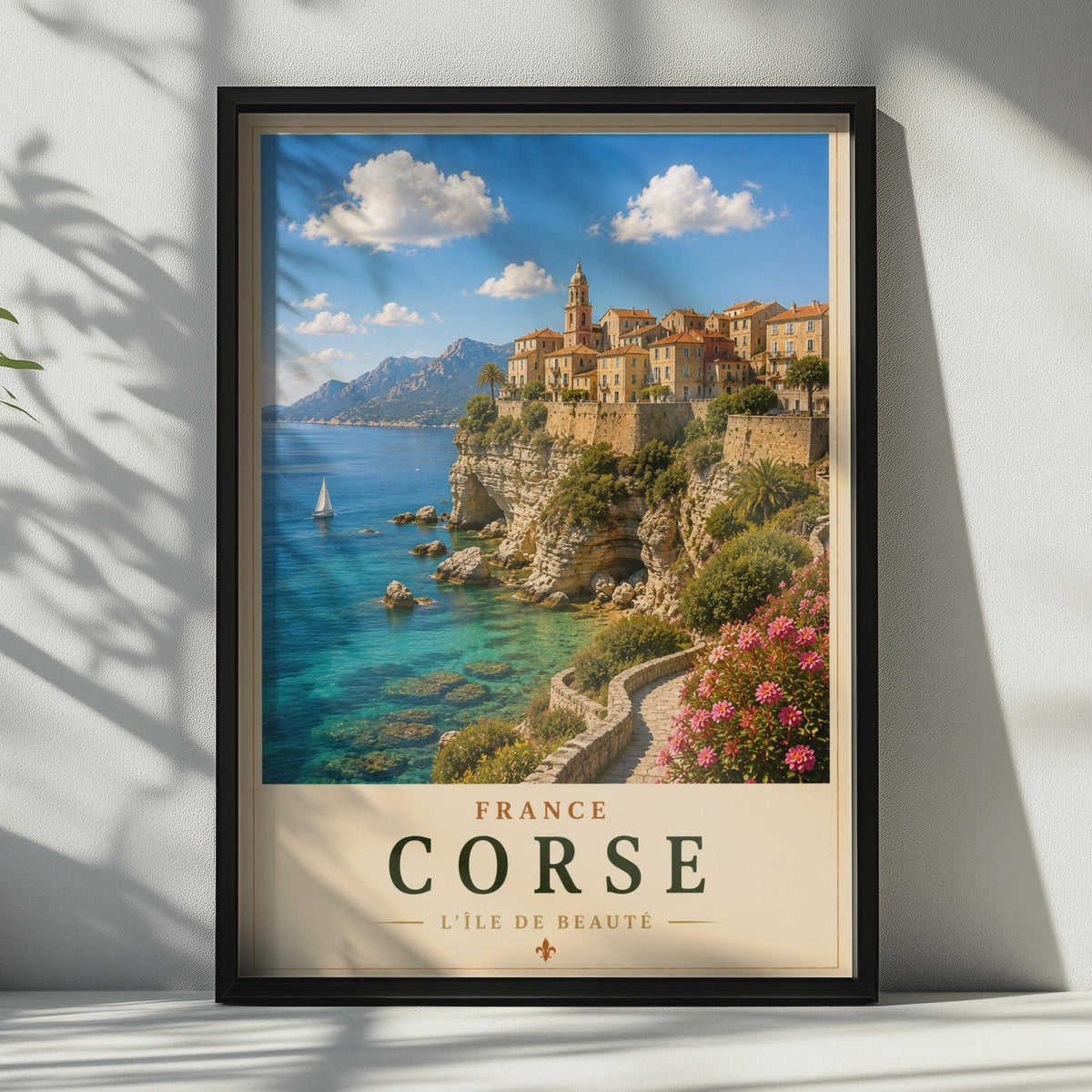 Corsica Travel Poster, France Corse Cliffside Town, Mediterranean Wall Art Print