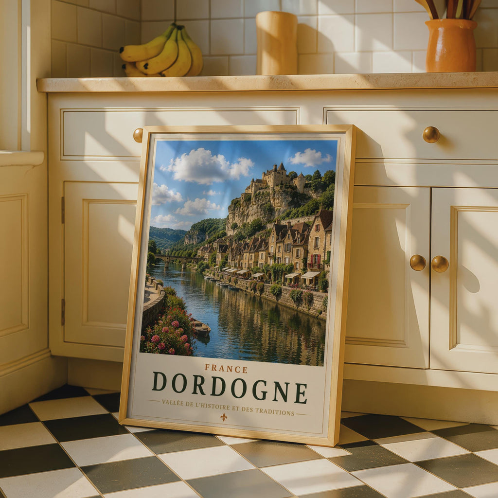 Dordogne France Travel Poster, French River Village Castle Wall Art Print