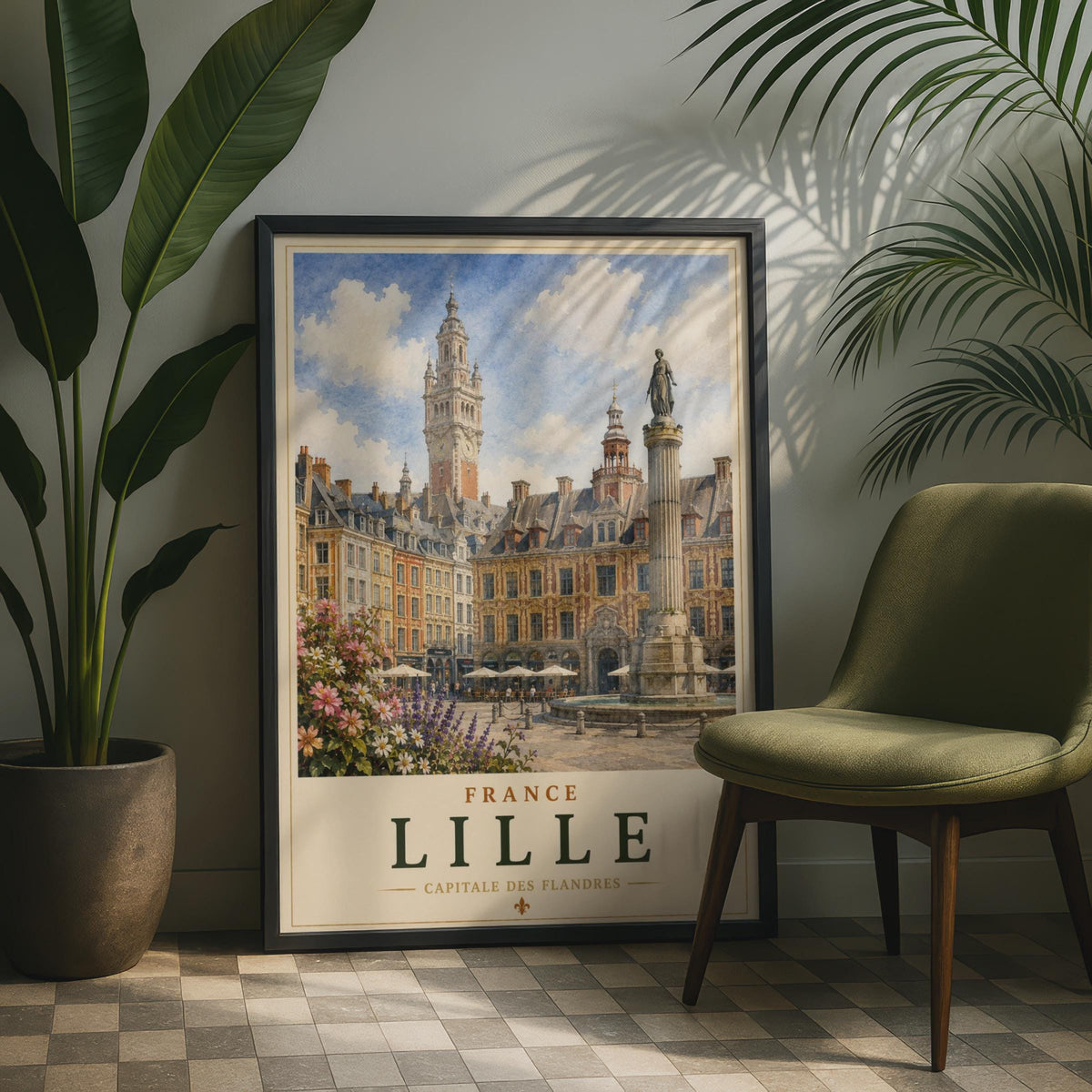 Lille France Travel Poster, Grand Place Watercolour Wall Art, Capitale des Flandres Print