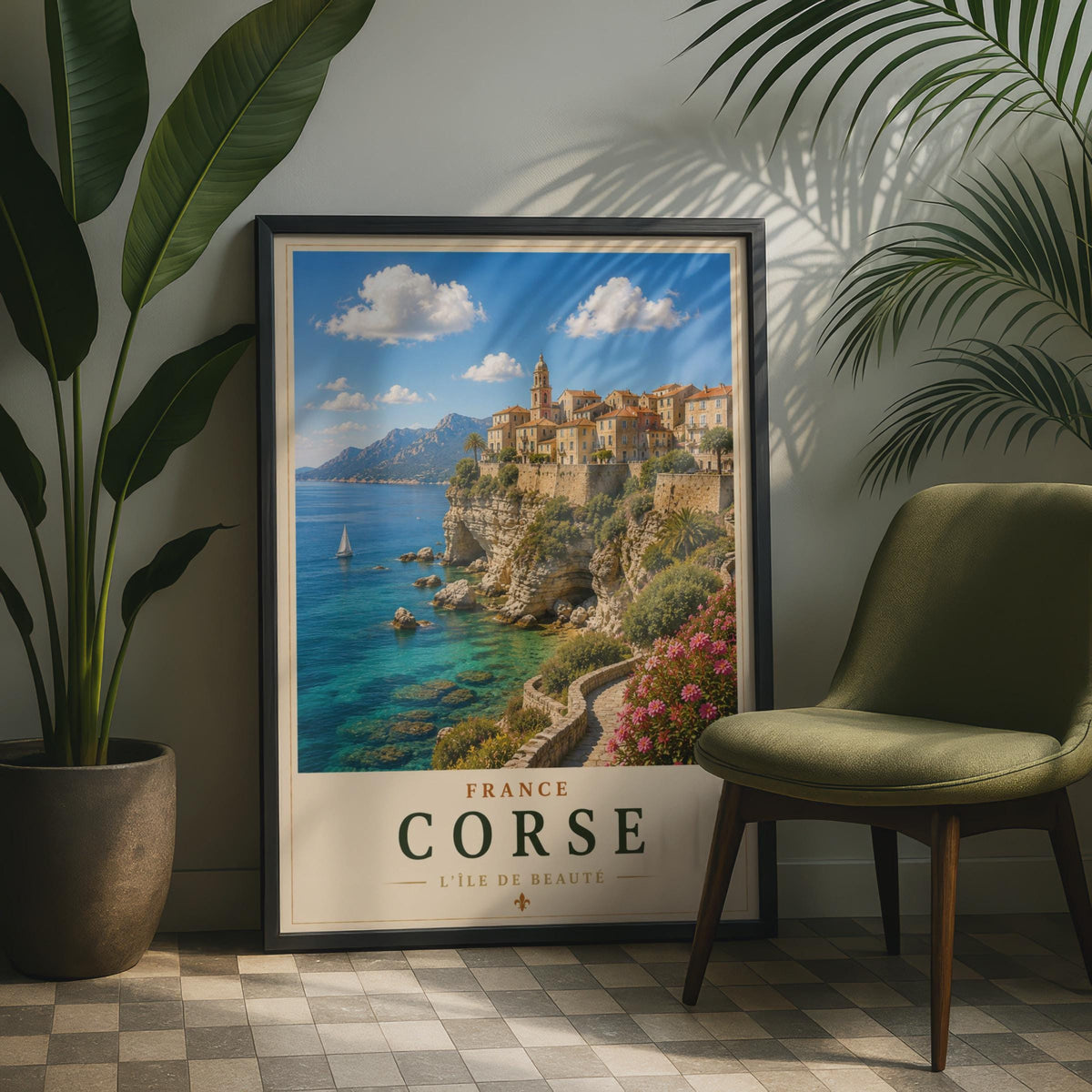 Corsica Travel Poster, France Corse Cliffside Town, Mediterranean Wall Art Print