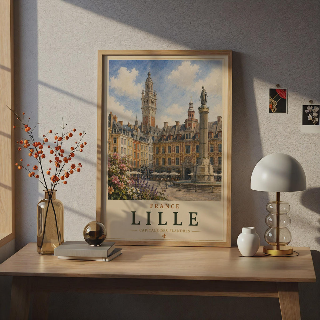 Lille France Travel Poster, Grand Place Watercolour Wall Art, Capitale des Flandres Print