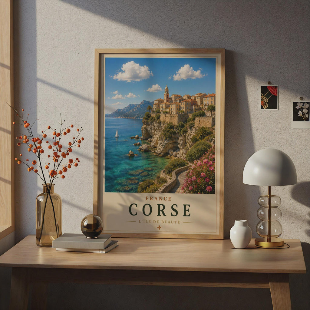 Corsica Travel Poster, France Corse Cliffside Town, Mediterranean Wall Art Print