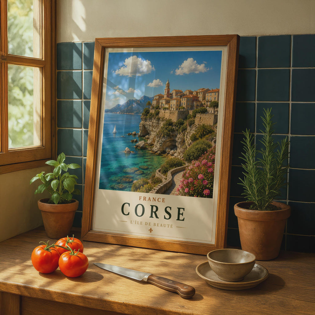 Corsica Travel Poster, France Corse Cliffside Town, Mediterranean Wall Art Print