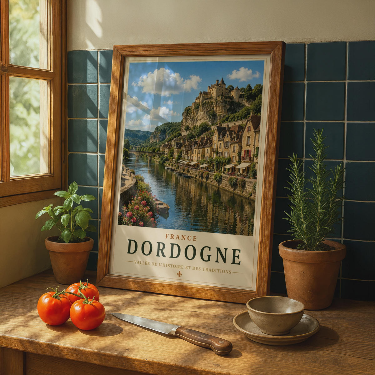Dordogne France Travel Poster, French River Village Castle Wall Art Print