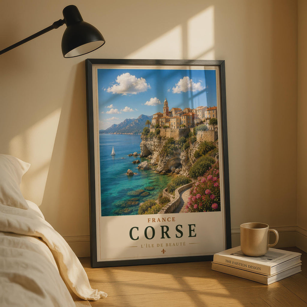 Corsica Travel Poster, France Corse Cliffside Town, Mediterranean Wall Art Print