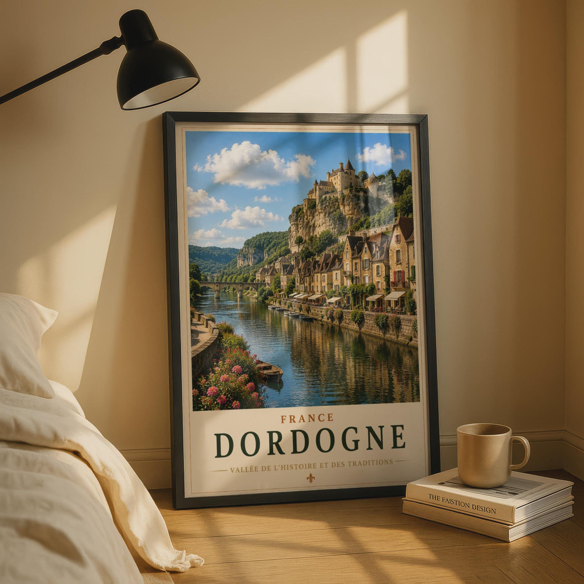 Dordogne France Travel Poster, French River Village Castle Wall Art Print