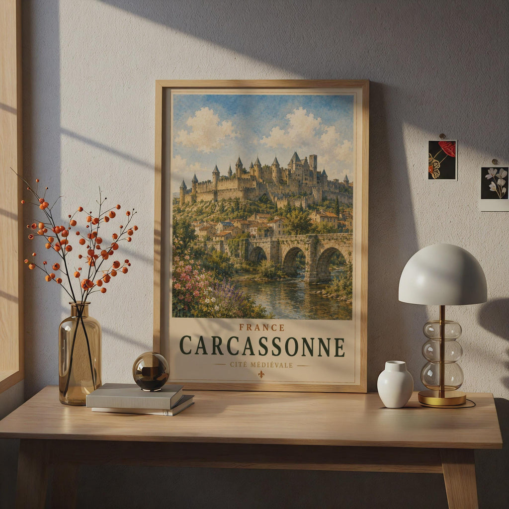 Carcassonne France Travel Poster, Medieval Castle Wall Art, French City Print