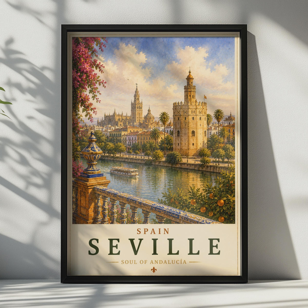 Seville Spain Travel Poster, Andalucia Wall Art, Torre del Oro, Vintage Style