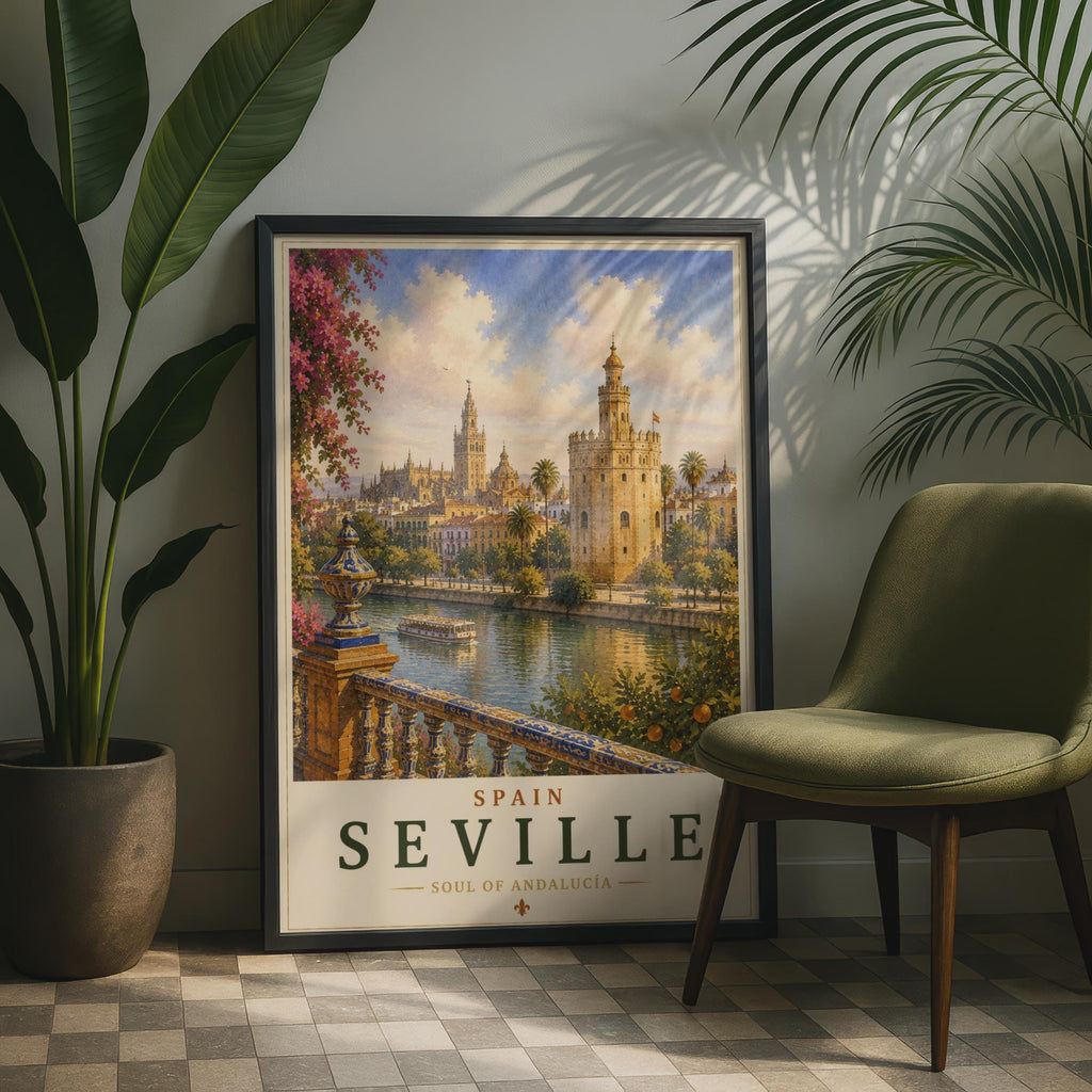 Seville Spain Travel Poster, Andalucia Wall Art, Torre del Oro, Vintage Style
