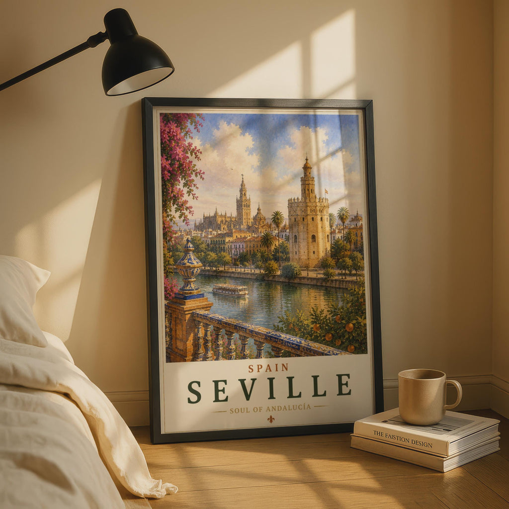 Seville Spain Travel Poster, Andalucia Wall Art, Torre del Oro, Vintage Style