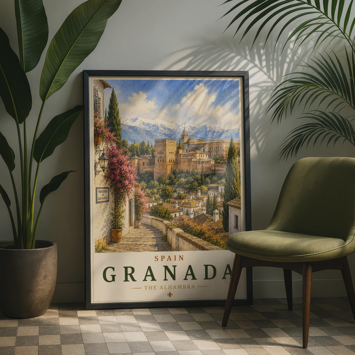 Granada Alhambra Spain Travel Poster, Mirador San Nicolas Watercolour Wall Art