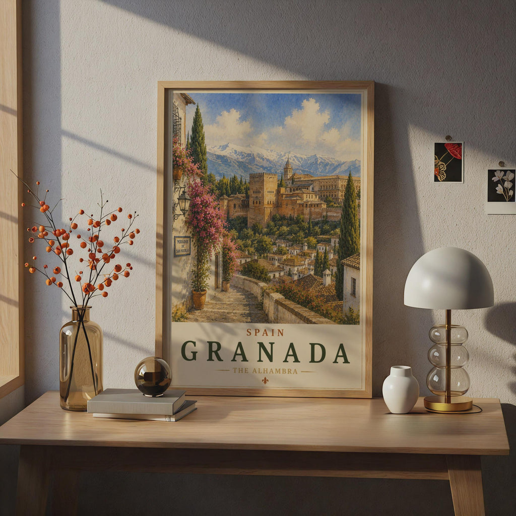 Granada Alhambra Spain Travel Poster, Mirador San Nicolas Watercolour Wall Art