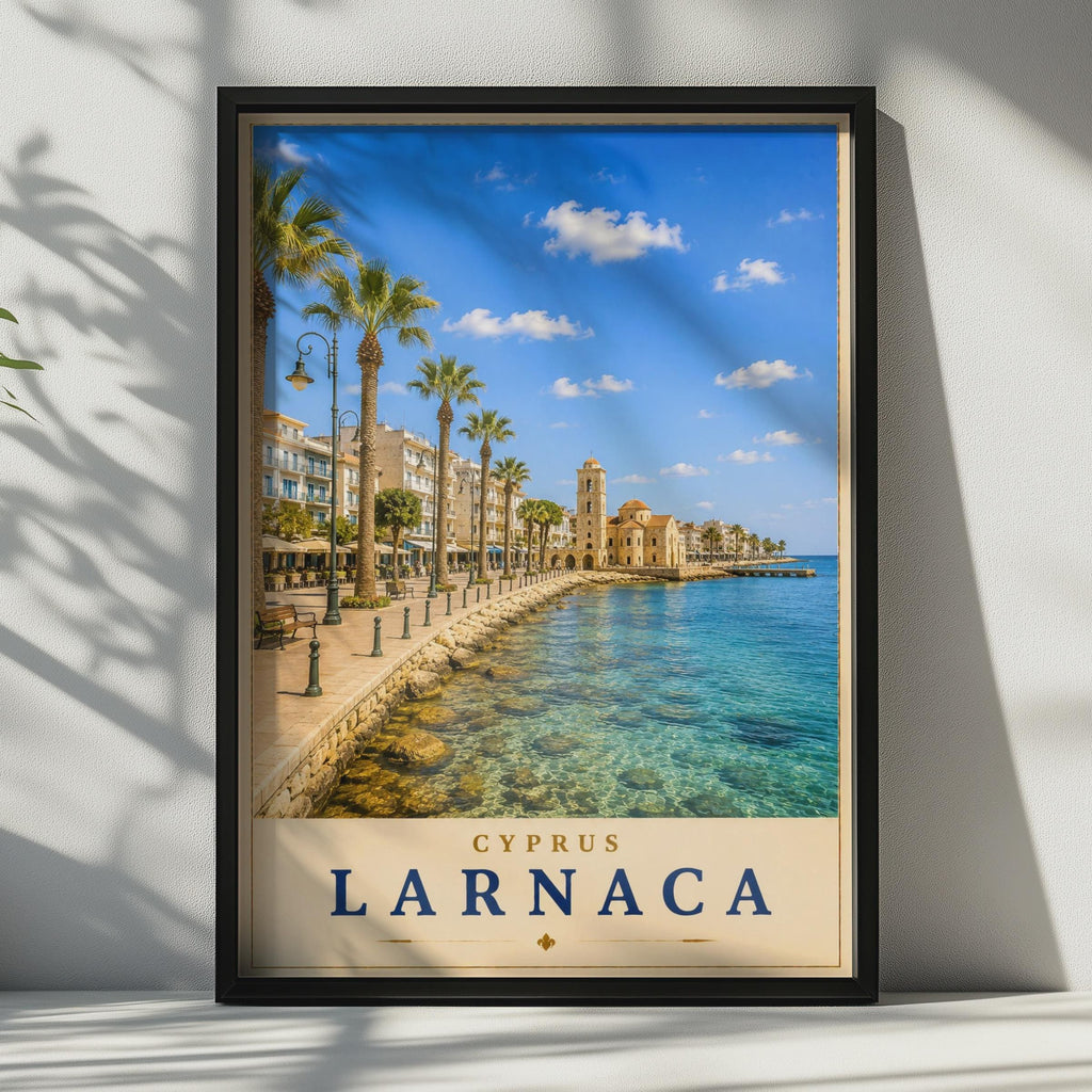 Larnaca Cyprus Travel Poster, Mediterranean Seafront Wall Art, Vintage Style Holiday Print