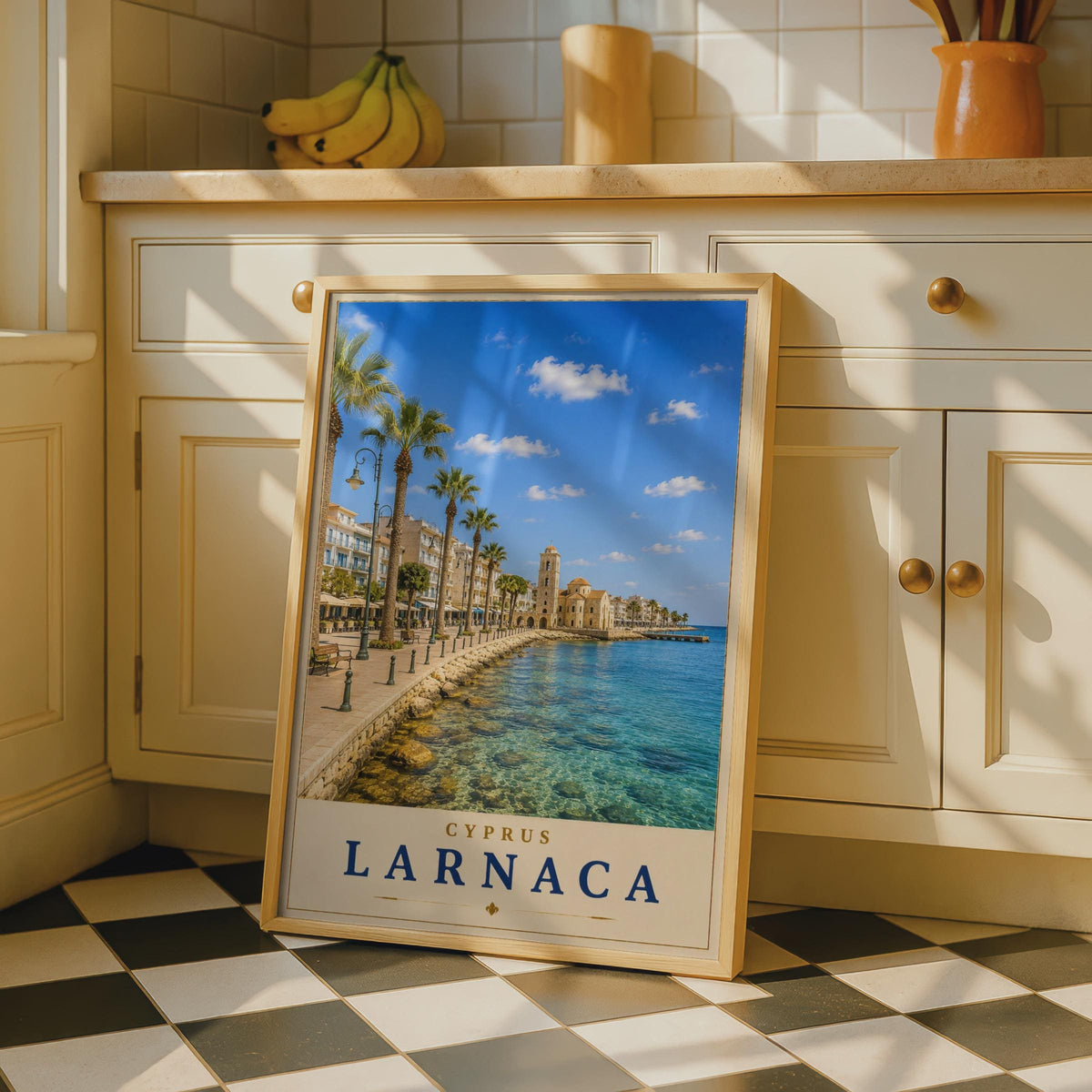 Larnaca Cyprus Travel Poster, Mediterranean Seafront Wall Art, Vintage Style Holiday Print
