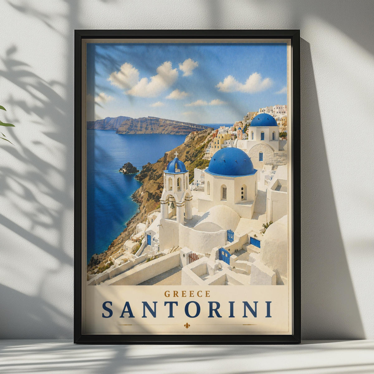 Santorini Greece Travel Poster, Blue Dome Church Wall Art, Oia Greek Island Print