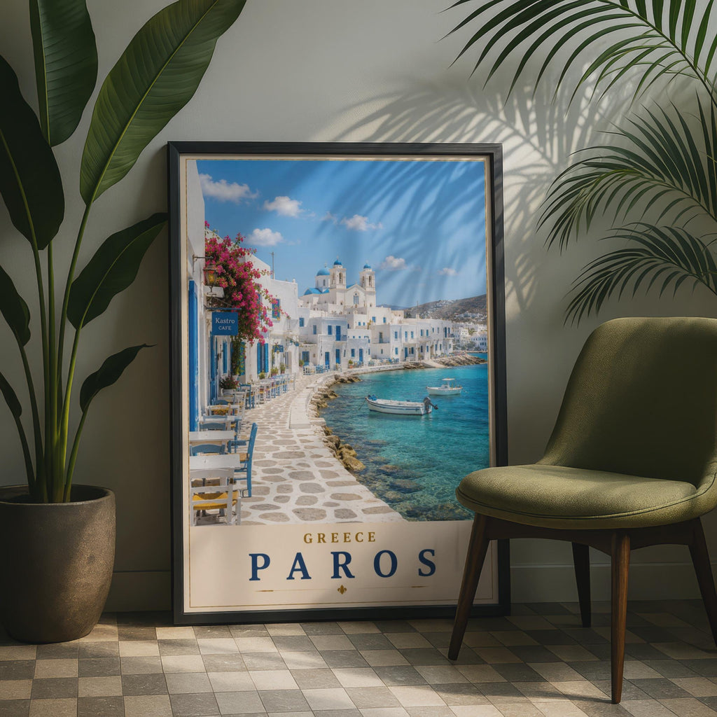 Paros Greece Travel Poster, Greek Island Wall Art, Blue Dome Church, Aegean Sea Print
