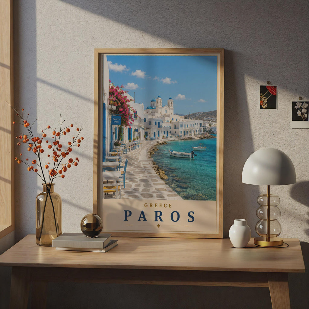 Paros Greece Travel Poster, Greek Island Wall Art, Blue Dome Church, Aegean Sea Print