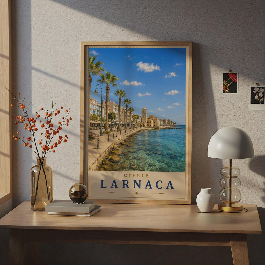 Larnaca Cyprus Travel Poster, Mediterranean Seafront Wall Art, Vintage Style Holiday Print