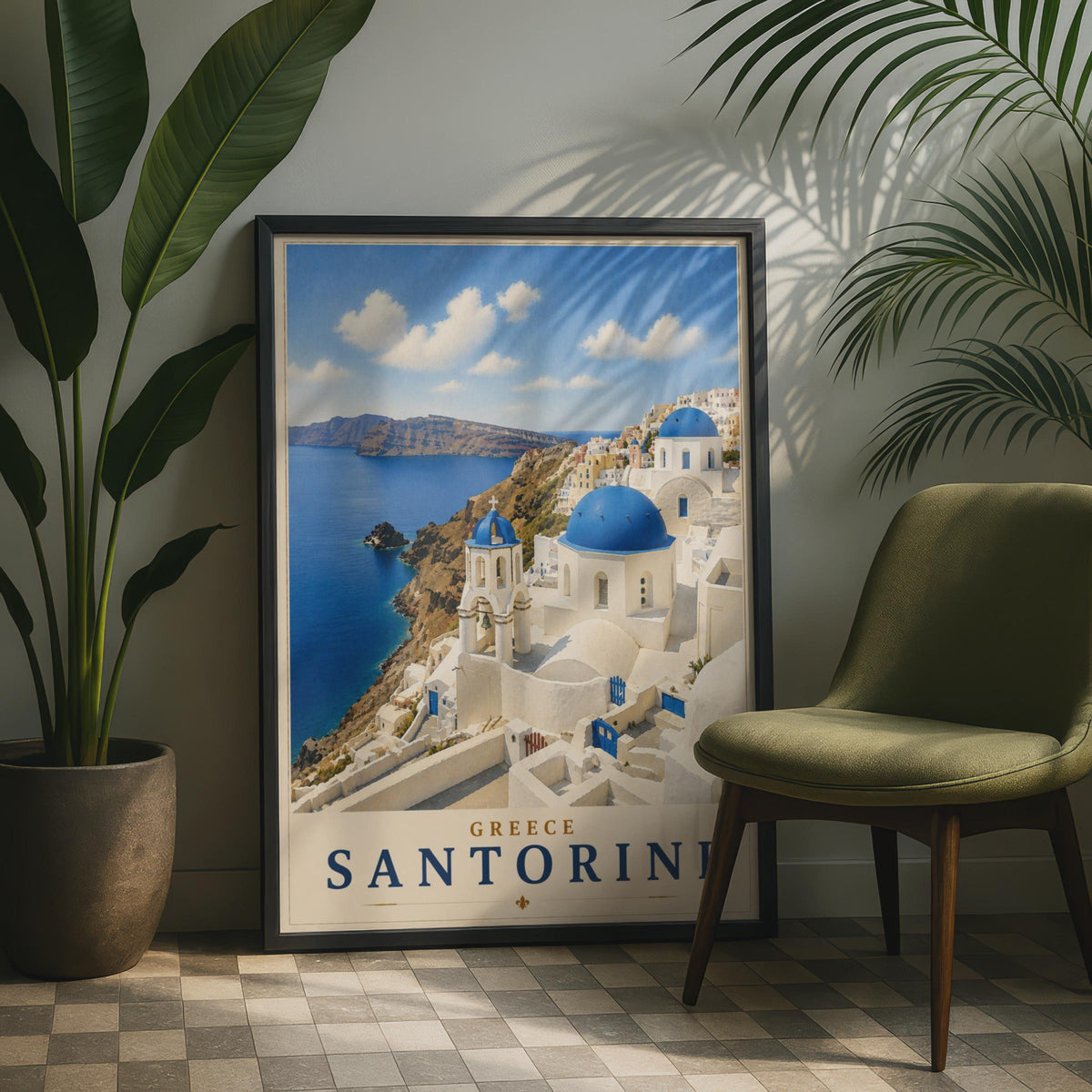 Santorini Greece Travel Poster, Blue Dome Church Wall Art, Oia Greek Island Print