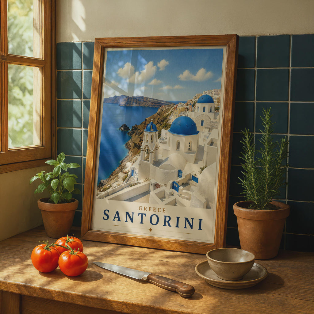 Santorini Greece Travel Poster, Blue Dome Church Wall Art, Oia Greek Island Print