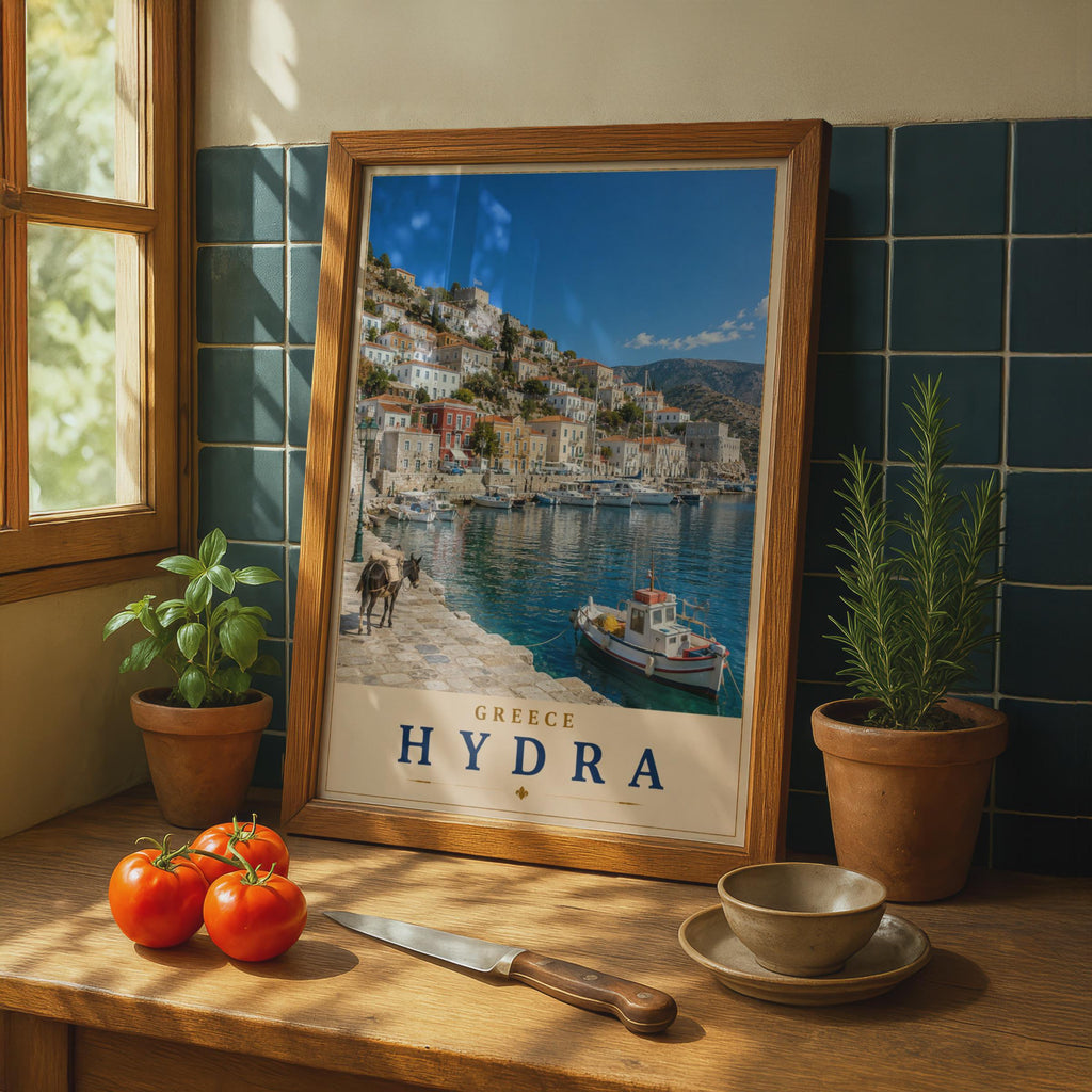 Hydra Greece Travel Poster, Greek Island Harbour Wall Art, Mediterranean Boat Print