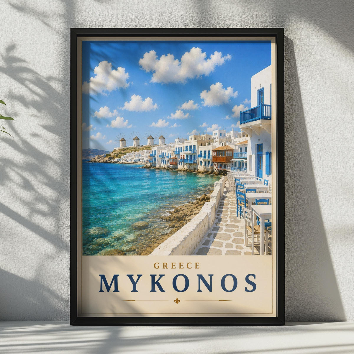 Mykonos Greece Travel Poster, Greek Island Wall Art, Aegean Sea, Windmills Print