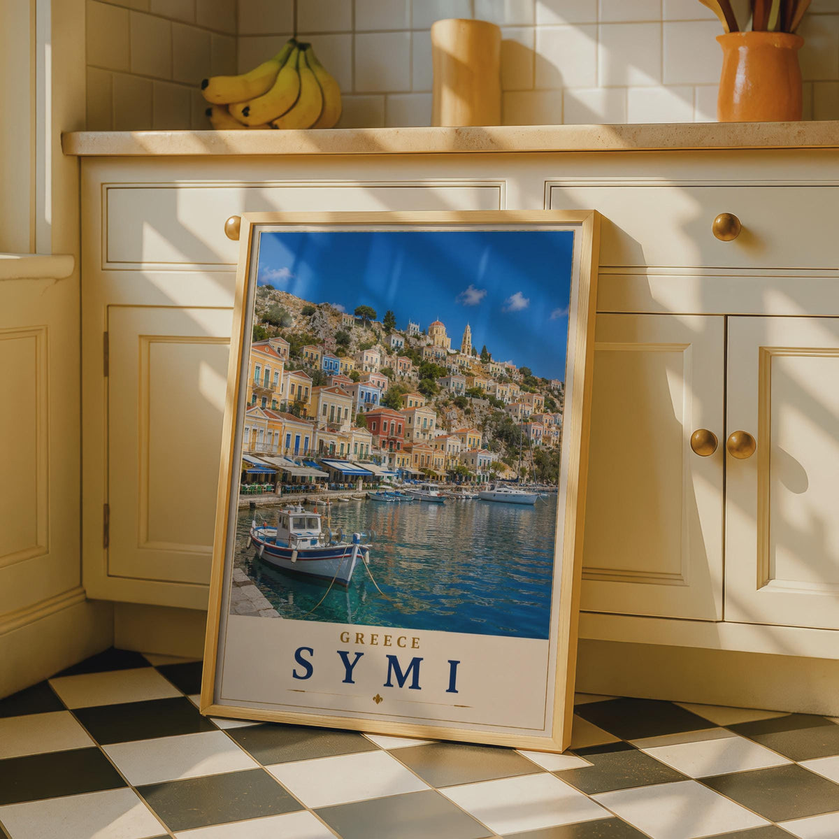 Symi Greece Travel Poster, Greek Island Harbour Wall Art, Colourful Aegean Sea Print
