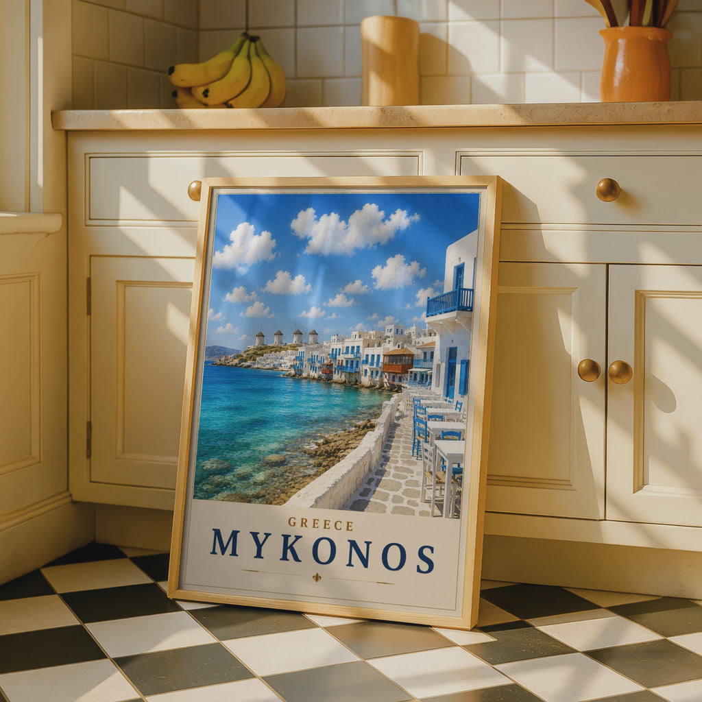 Mykonos Greece Travel Poster, Greek Island Wall Art, Aegean Sea, Windmills Print