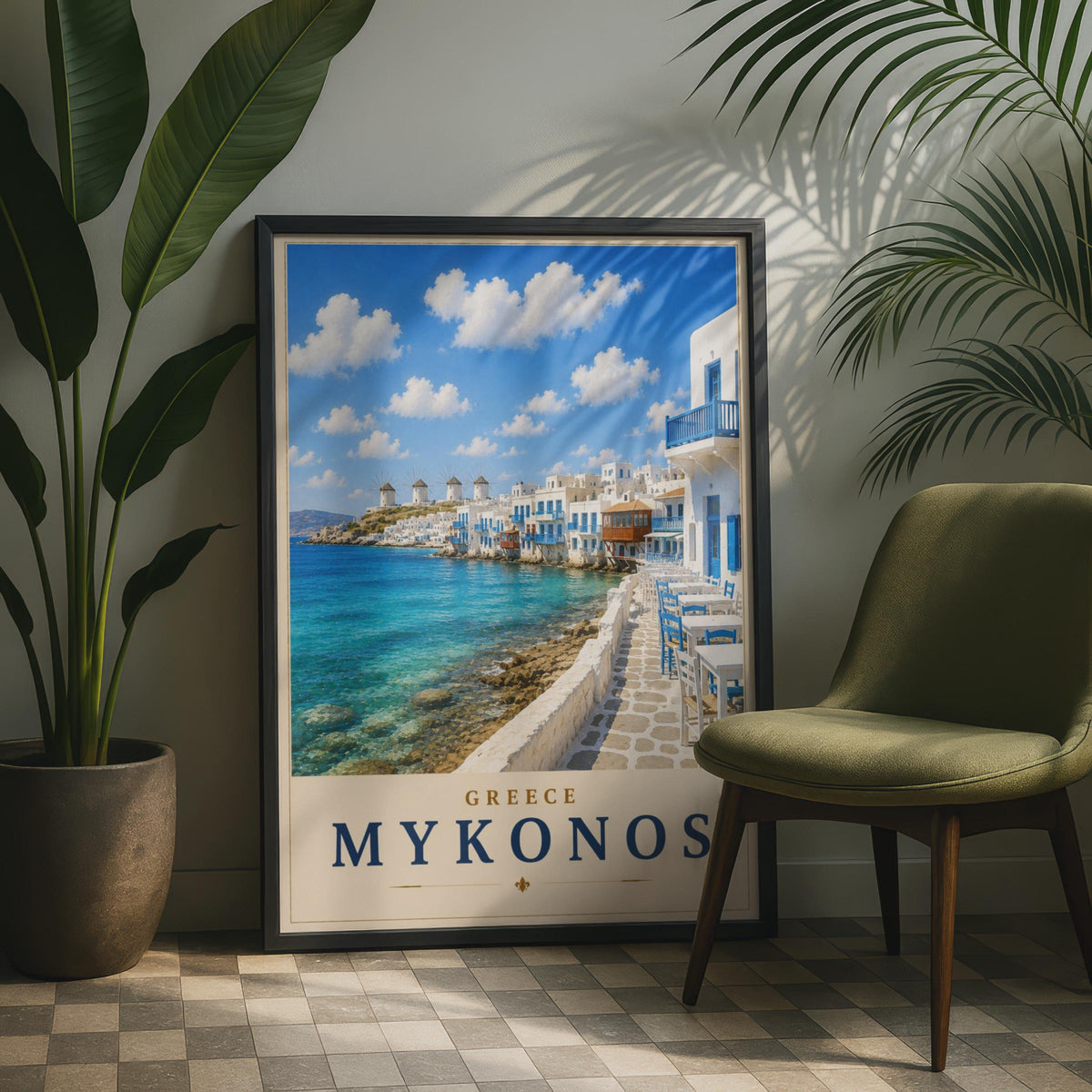 Mykonos Greece Travel Poster, Greek Island Wall Art, Aegean Sea, Windmills Print