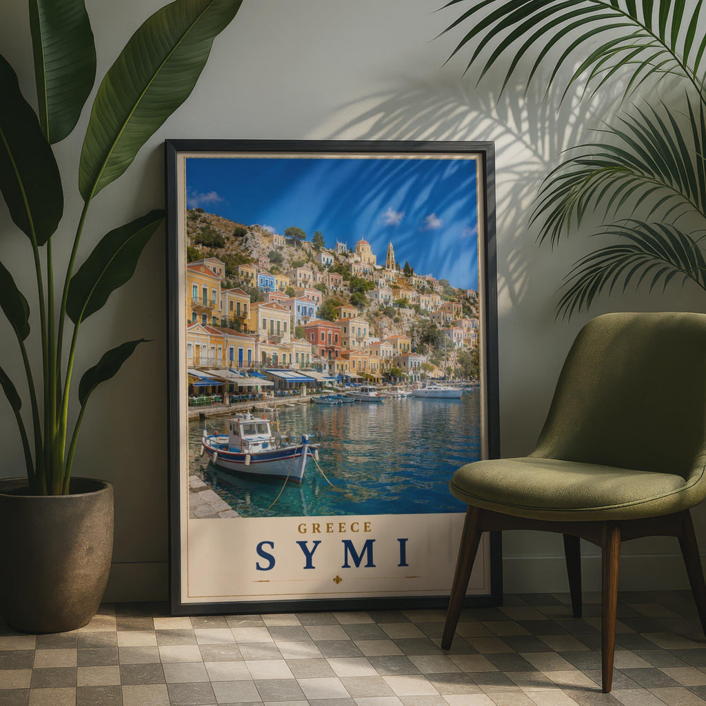 Symi Greece Travel Poster, Greek Island Harbour Wall Art, Colourful Aegean Sea Print