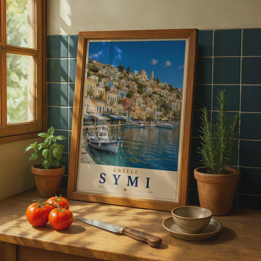 Symi Greece Travel Poster, Greek Island Harbour Wall Art, Colourful Aegean Sea Print