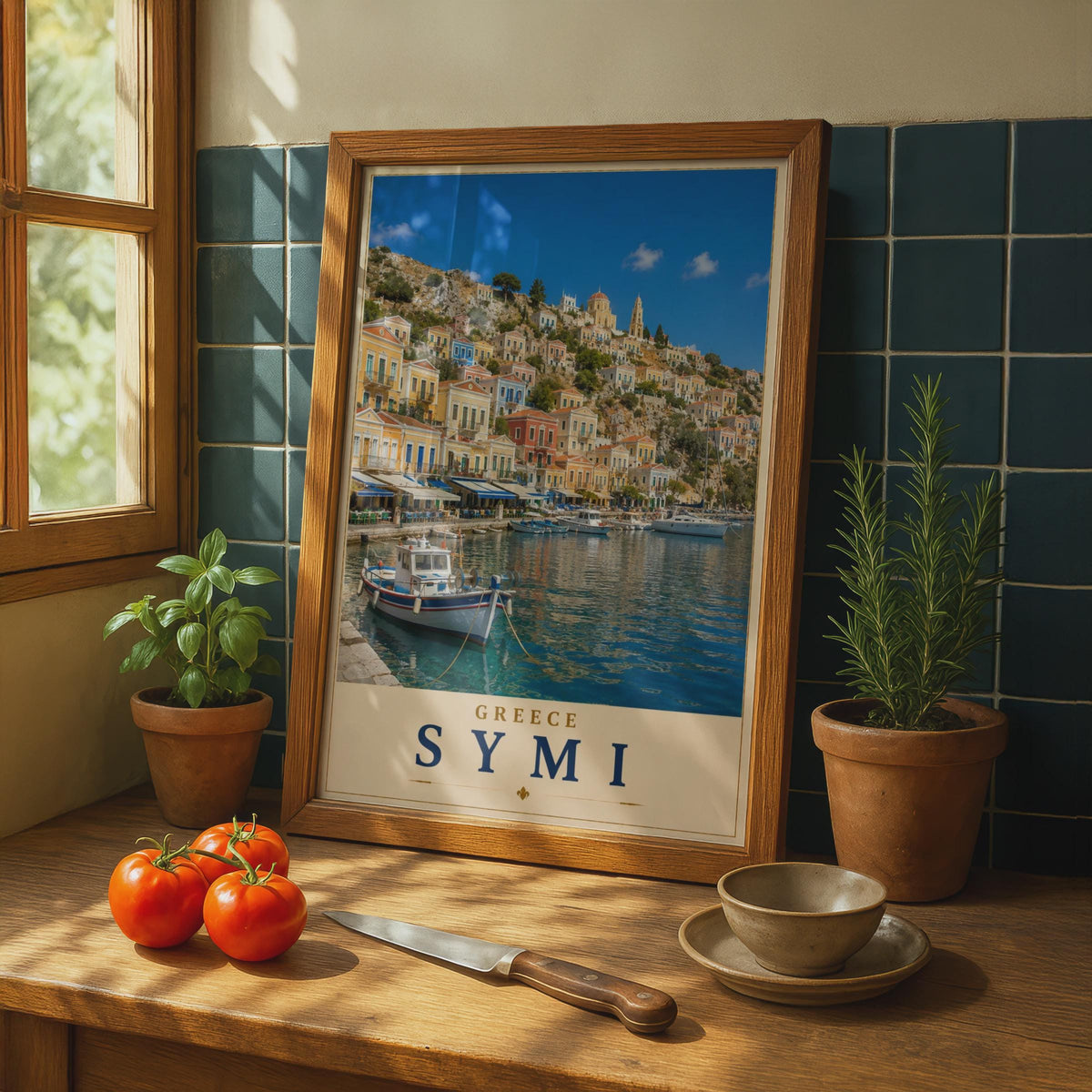 Symi Greece Travel Poster, Greek Island Harbour Wall Art, Colourful Aegean Sea Print