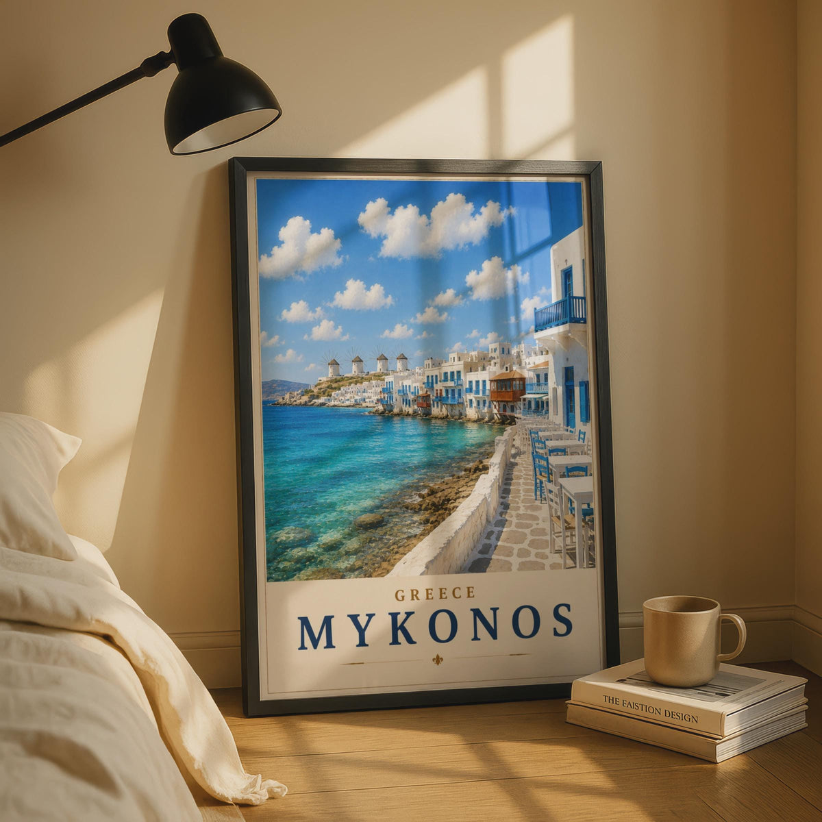 Mykonos Greece Travel Poster, Greek Island Wall Art, Aegean Sea, Windmills Print