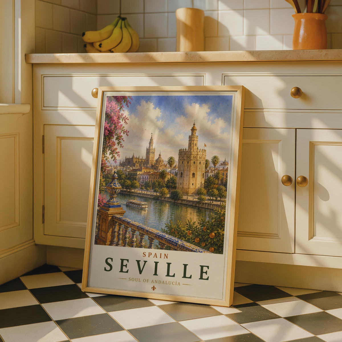 Seville Spain Travel Poster, Andalucia Wall Art, Torre del Oro, Vintage Style
