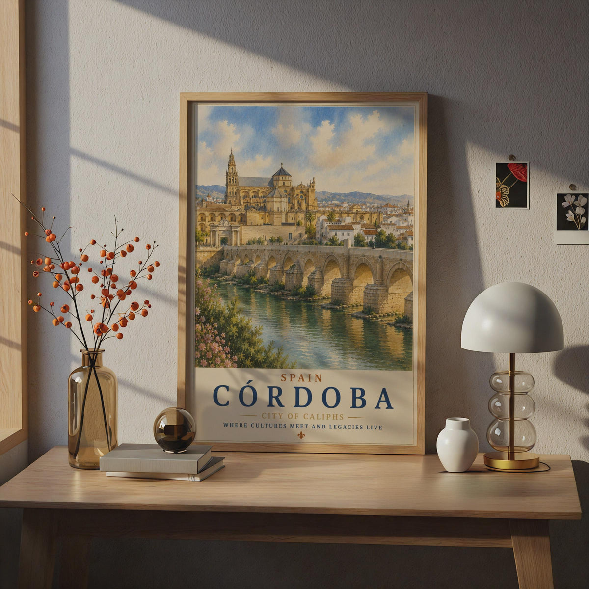 Cordoba Spain Travel Poster, Mezquita Roman Bridge Watercolour Wall Art, Andalusia