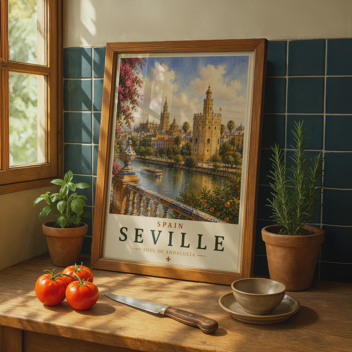 Seville Spain Travel Poster, Andalucia Wall Art, Torre del Oro, Vintage Style