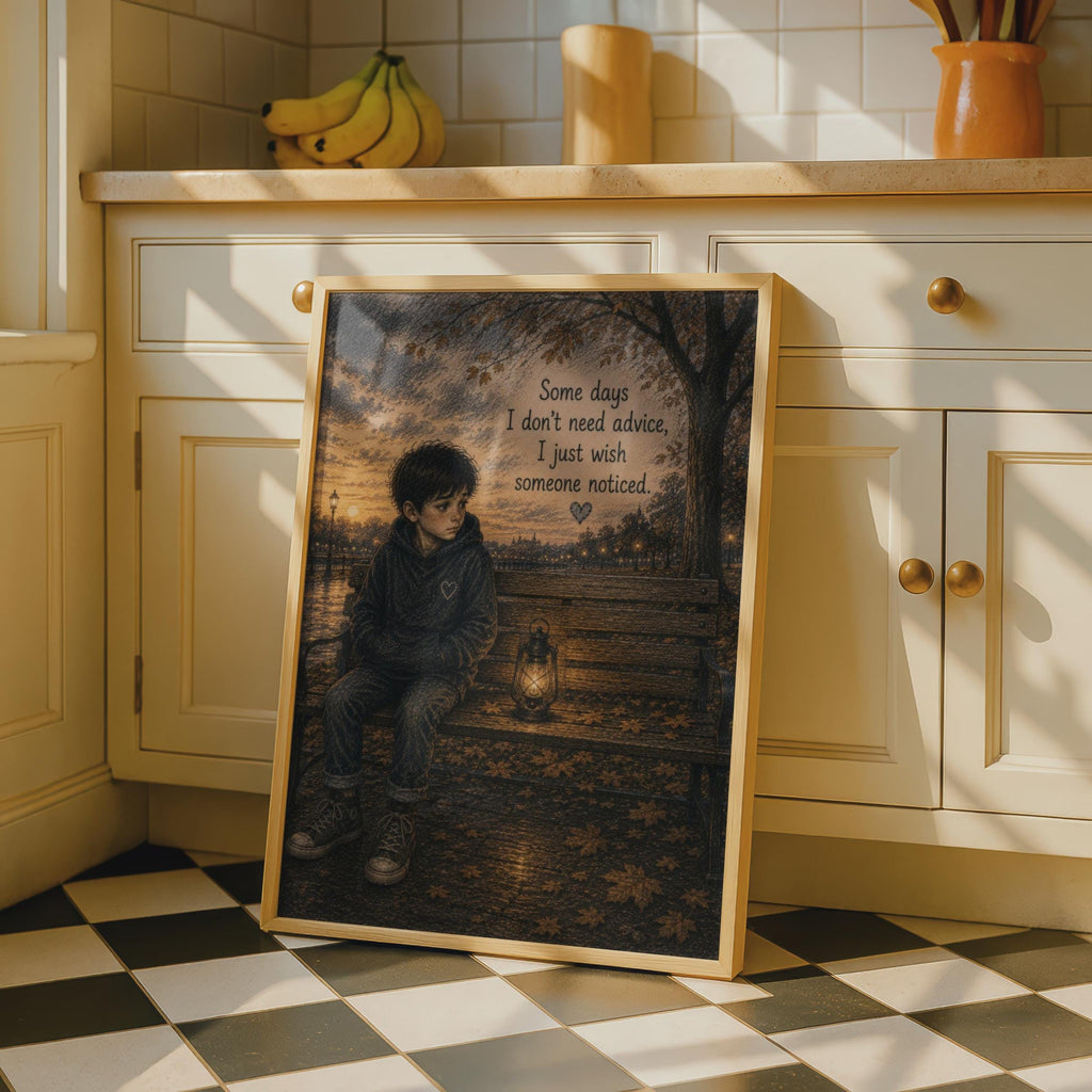 Lonely Boy Bench Poster, Autumn Quote Wall Art, Emotional Mental Health Print, Moody Illustration