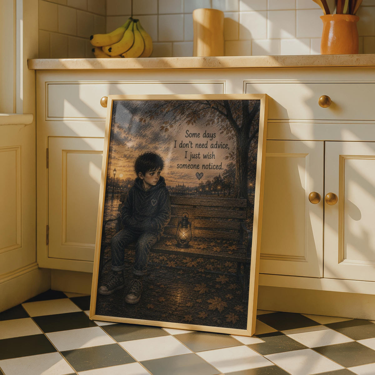 Lonely Boy Bench Poster, Autumn Quote Wall Art, Emotional Mental Health Print, Moody Illustration