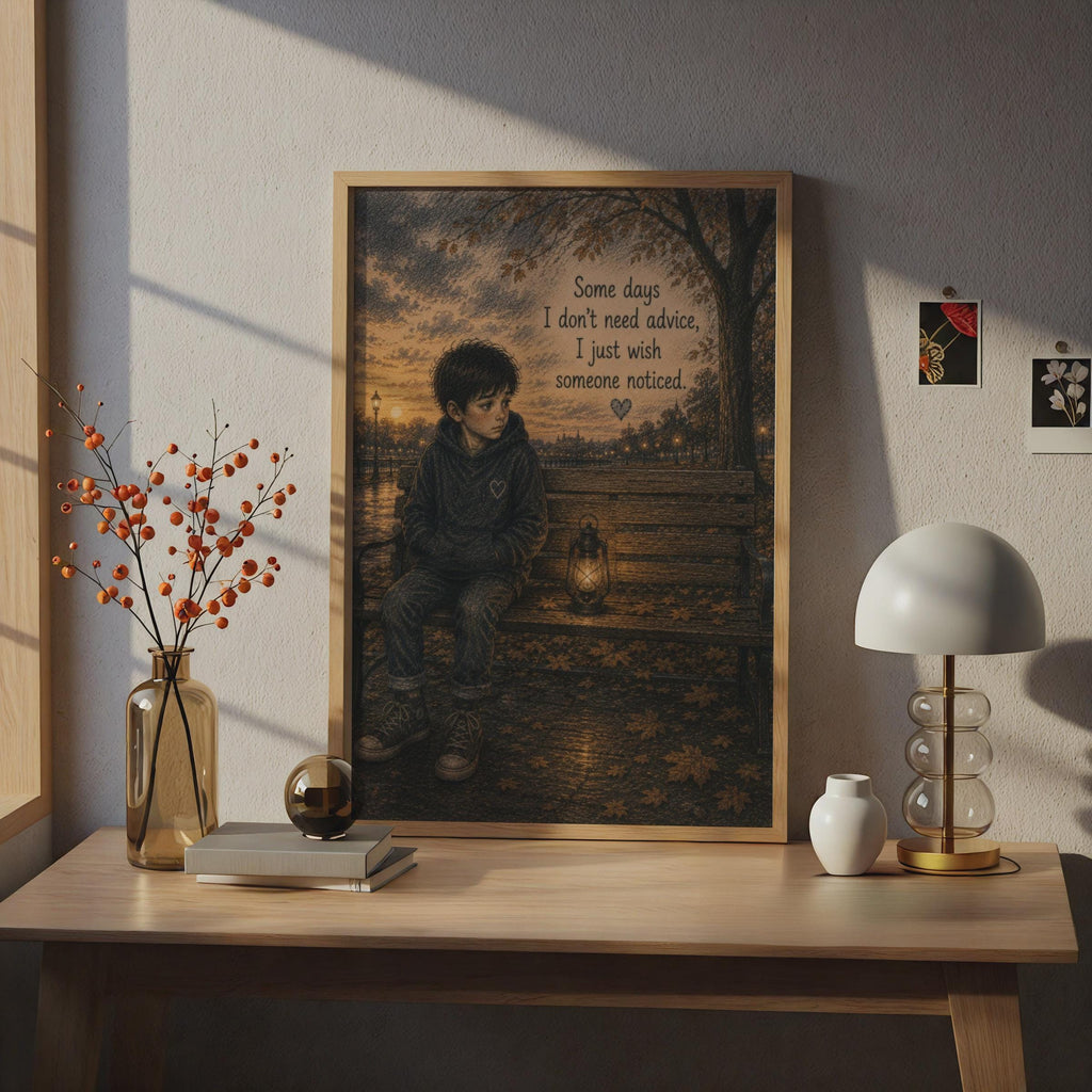 Lonely Boy Bench Poster, Autumn Quote Wall Art, Emotional Mental Health Print, Moody Illustration