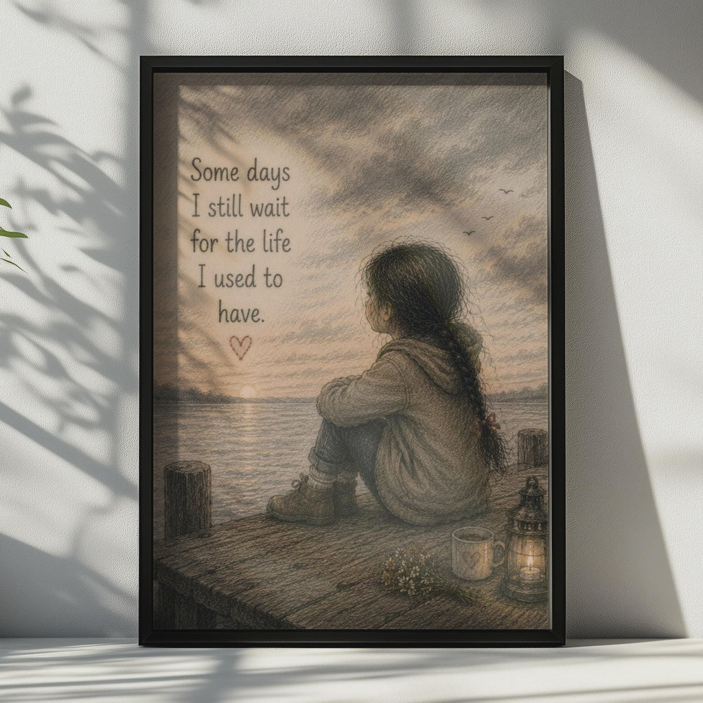 Emotional Quote Poster, Lonely Girl at Sunset, Pencil Sketch Wall Art, Grief Healing