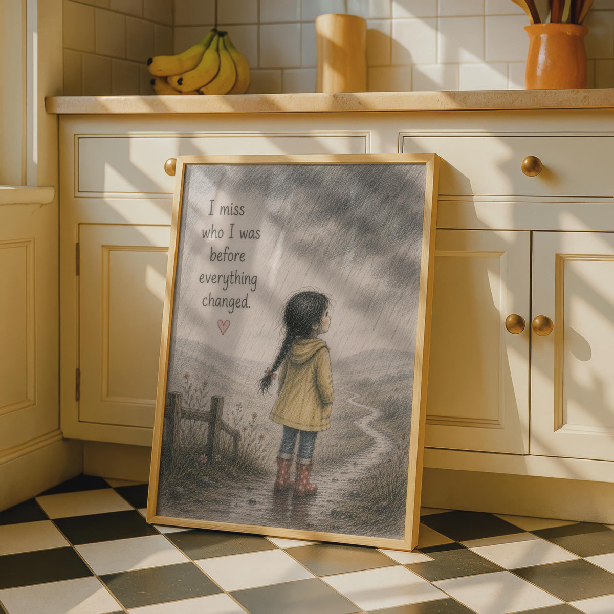 Emotional Quote Poster, Rainy Day Girl Illustration, Nostalgic Wall Art