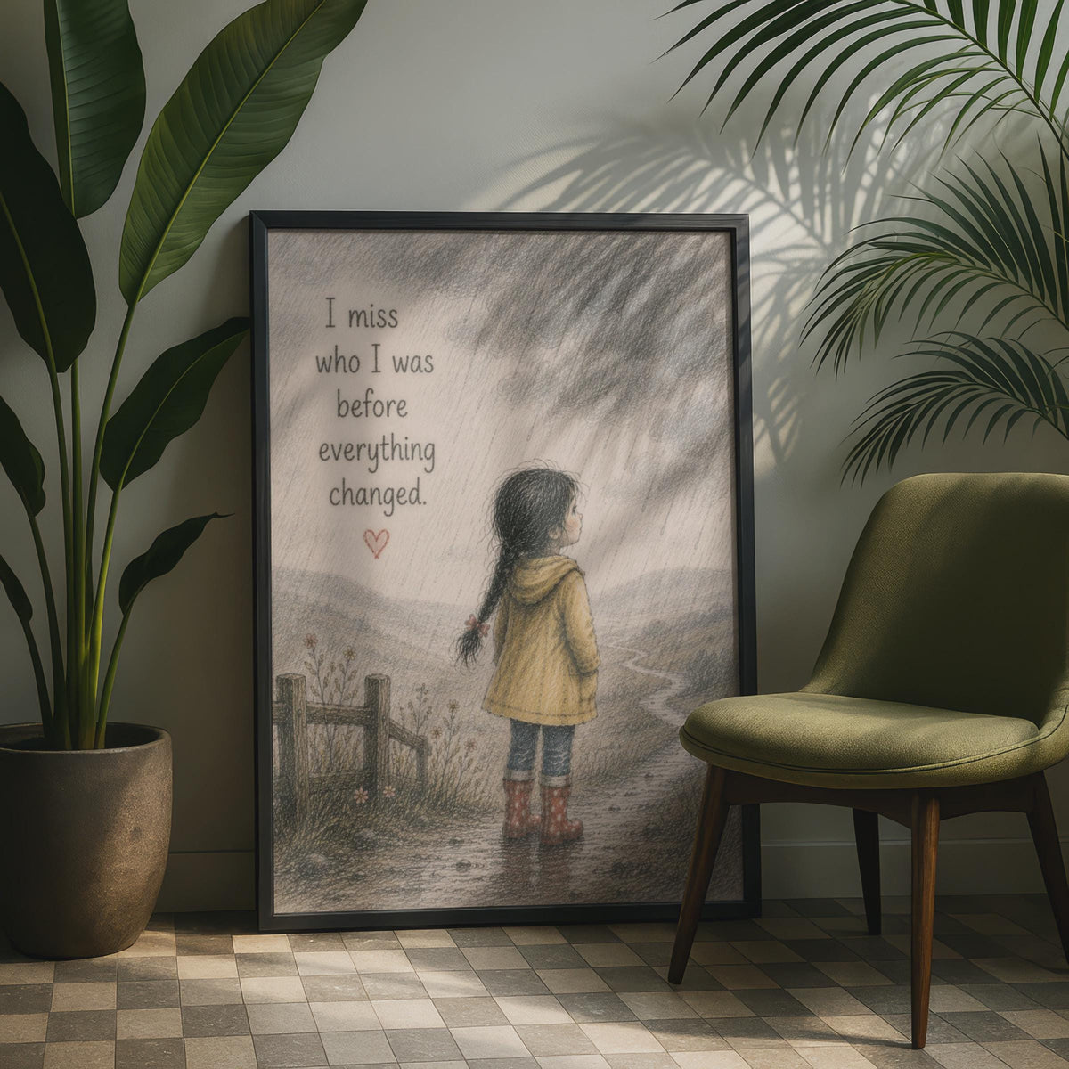 Emotional Quote Poster, Rainy Day Girl Illustration, Nostalgic Wall Art