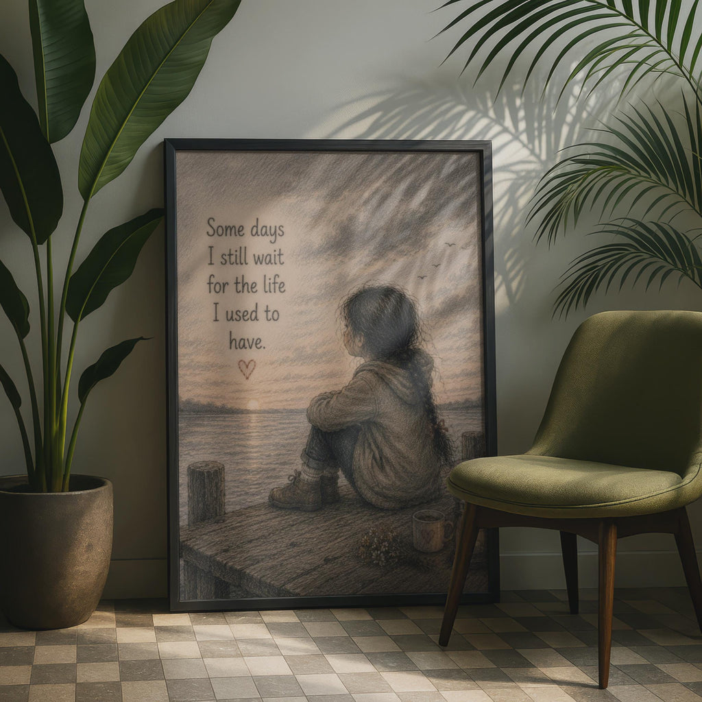 Emotional Quote Poster, Lonely Girl at Sunset, Pencil Sketch Wall Art, Grief Healing