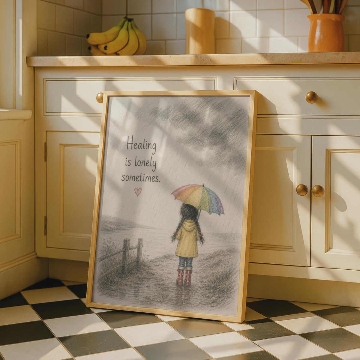 Healing Is Lonely Sometimes Poster, Emotional Quote Wall Art, Rainbow Umbrella Girl Print