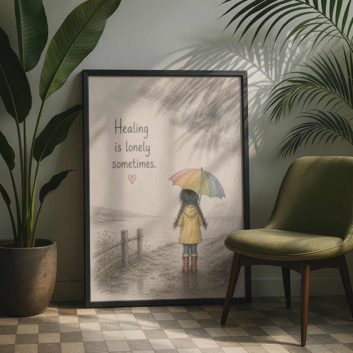 Healing Is Lonely Sometimes Poster, Emotional Quote Wall Art, Rainbow Umbrella Girl Print