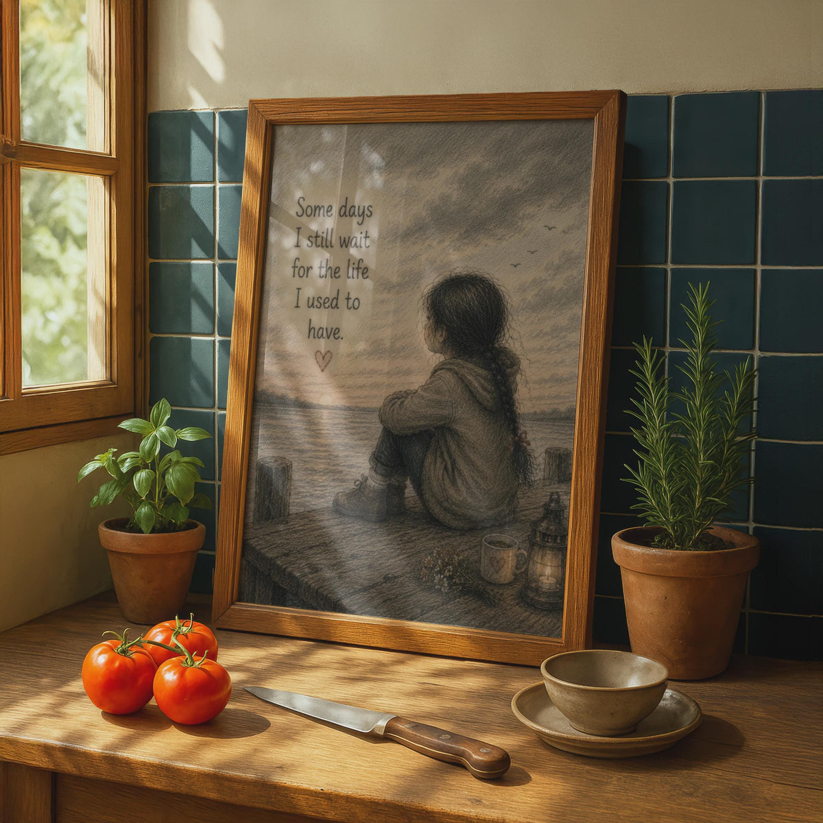 Emotional Quote Poster, Lonely Girl at Sunset, Pencil Sketch Wall Art, Grief Healing